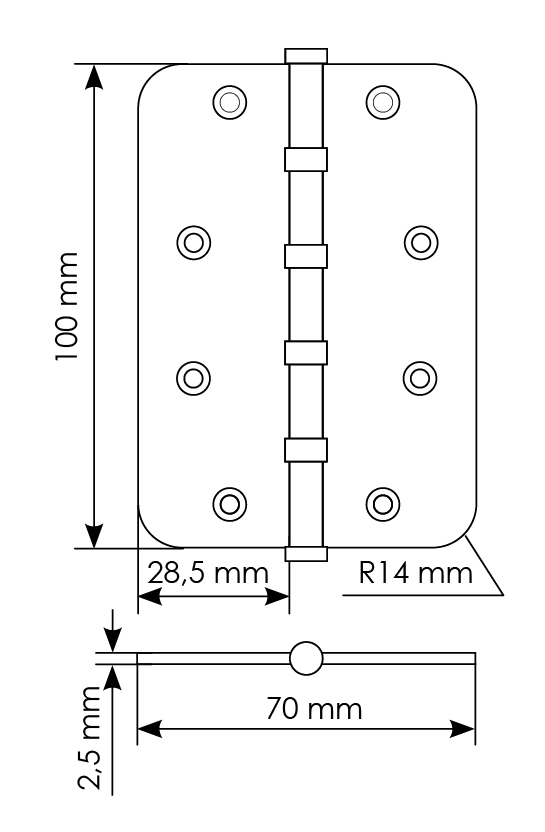 Петля стальная MSN-C 100X70X2.5-4BB SG скругленная универсальная с подшипником, вес полотна до 40 кг, цвет матовое золото фото купить в Самаре
