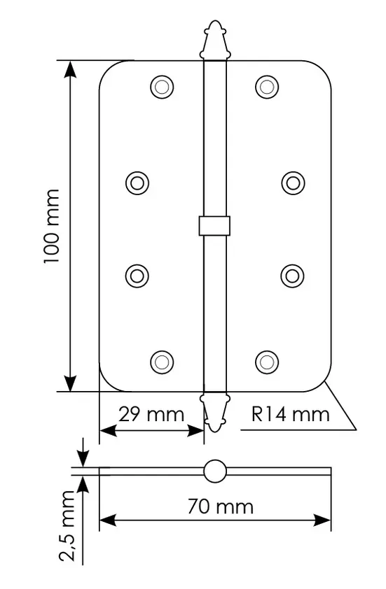 Петля разъемная MS-C 100X70X2.5 SG L левая с коронкой скругленная, врезная, цвет мат.золото, сталь фото купить в Самаре