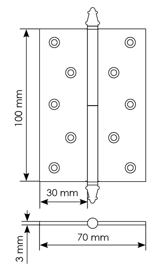 Петля разъемная латунная карточная  MB 100X70X3 SC R C с коронкой правая, врезная, цвет матовый хром фото купить в Самаре